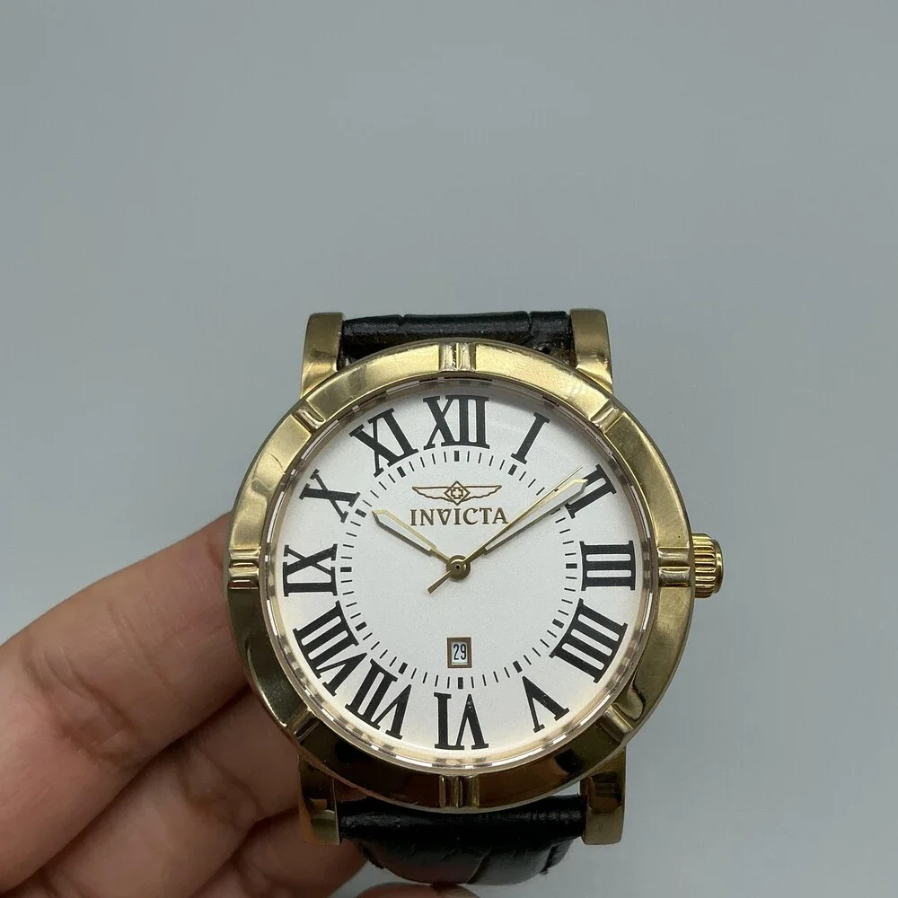 Invicta Specialty Trinity Mens Watch 42mm Gold Tone 13971 Leather New Battery